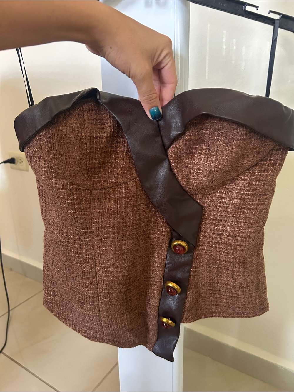 Strapless Tweed Corset Top in Brown with Dark Trim